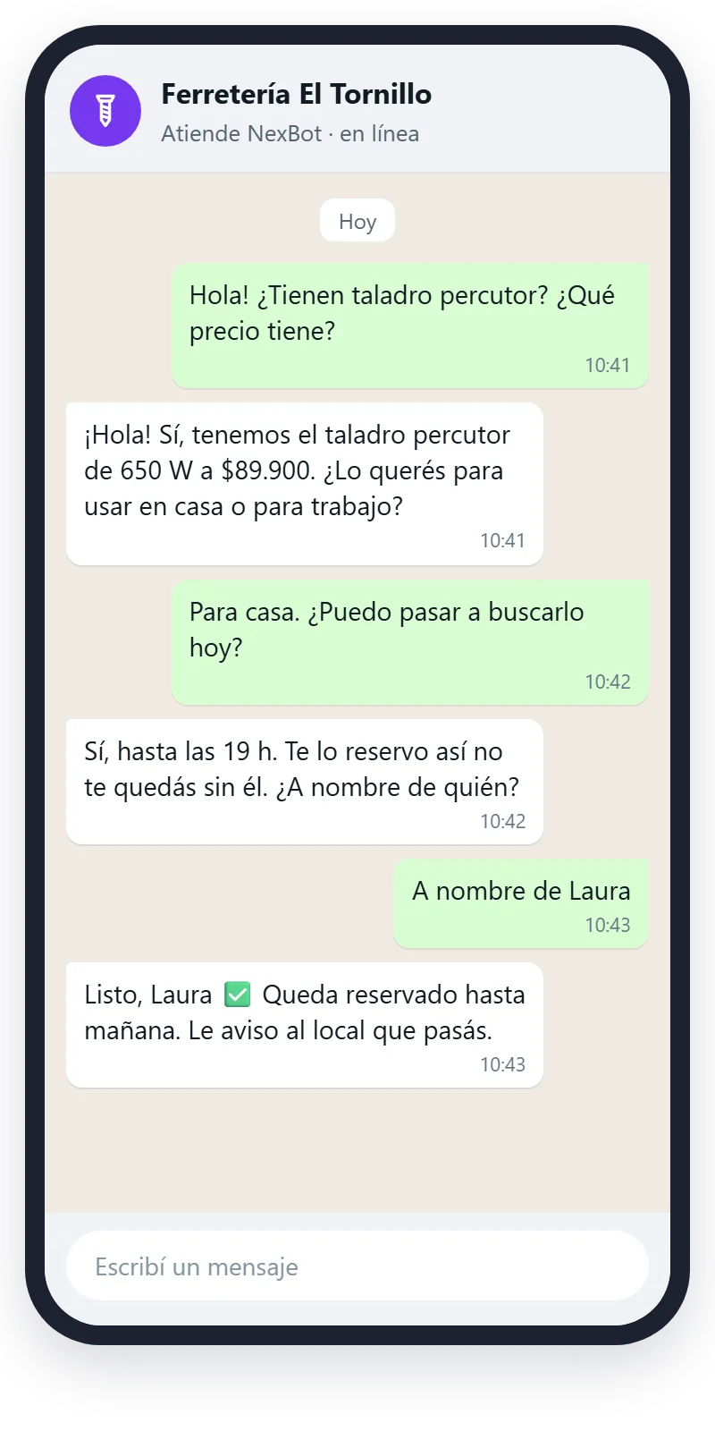 Chat de WhatsApp de ejemplo: NexBot responde a una clienta de una ferretería y le reserva un taladro.