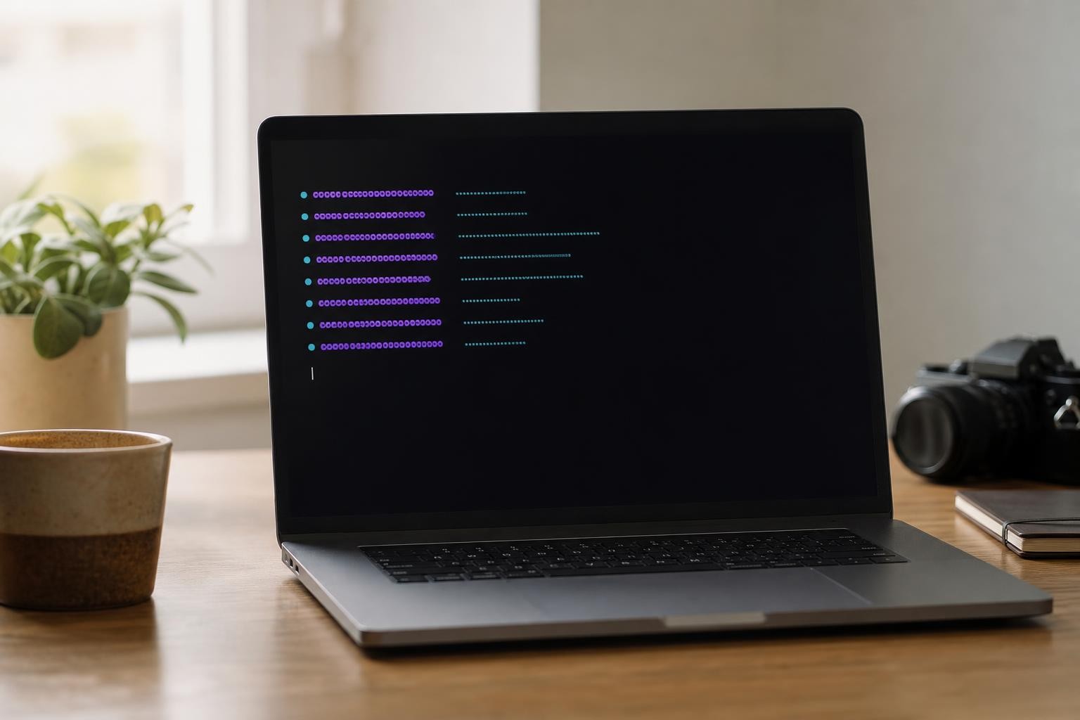 Un laptop sobre un escritorio de madera muestra una terminal prolija con una lista corta de resultados de texto, en una oficina con luz natural