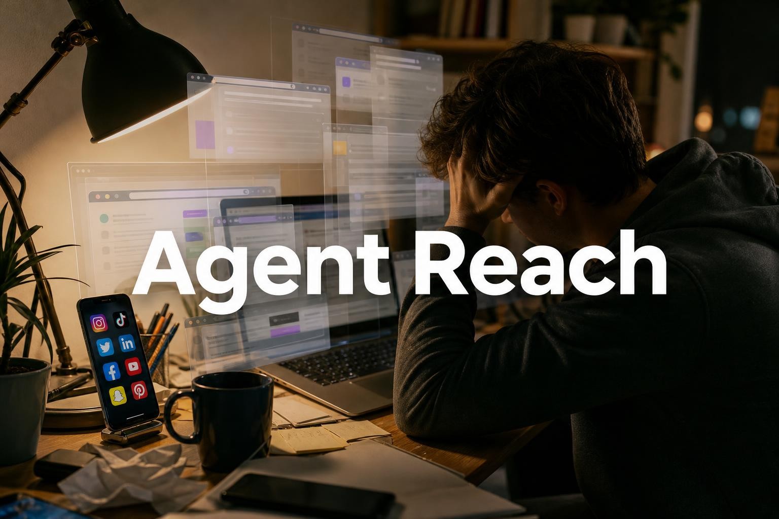 Un hombre agotado se toma la cabeza frente a un laptop rodeado de ventanas translúcidas de redes sociales flotando, con el nombre Agent Reach superpuesto