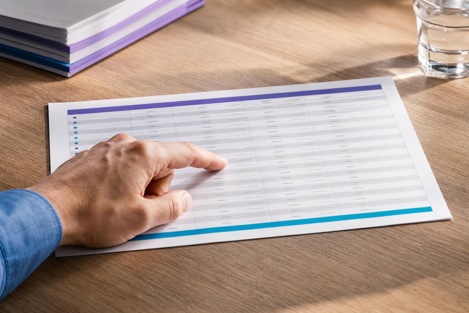 Un registro impreso con filas de datos ordenados sobre un escritorio, con una mano señalando una fila puntual