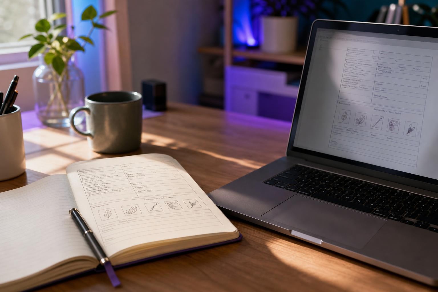 Un cuaderno abierto con los datos de un pedido, reflejados de forma idéntica en la pantalla de una notebook al lado