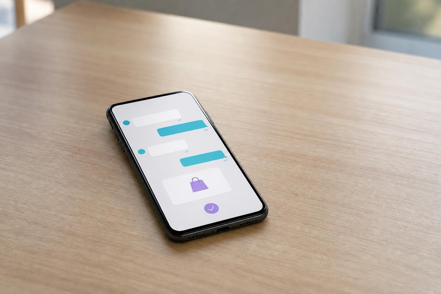 Un celular solo sobre un escritorio despejado, con una conversación de chat resuelta y un ícono de bolsa de compras confirmada