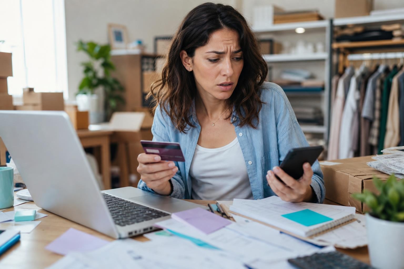 Una dueña de comercio agobiada frente a la laptop, con la tarjeta en una mano y el celular en la otra, entre papeles, tratando de completar una compra online