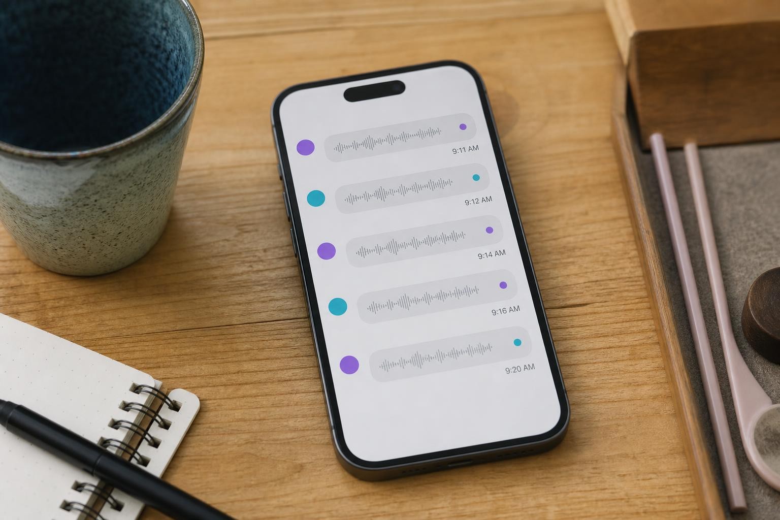 El mismo celular en un escritorio ordenado, mostrando los audios recibidos con cada hablante identificado por color y su horario