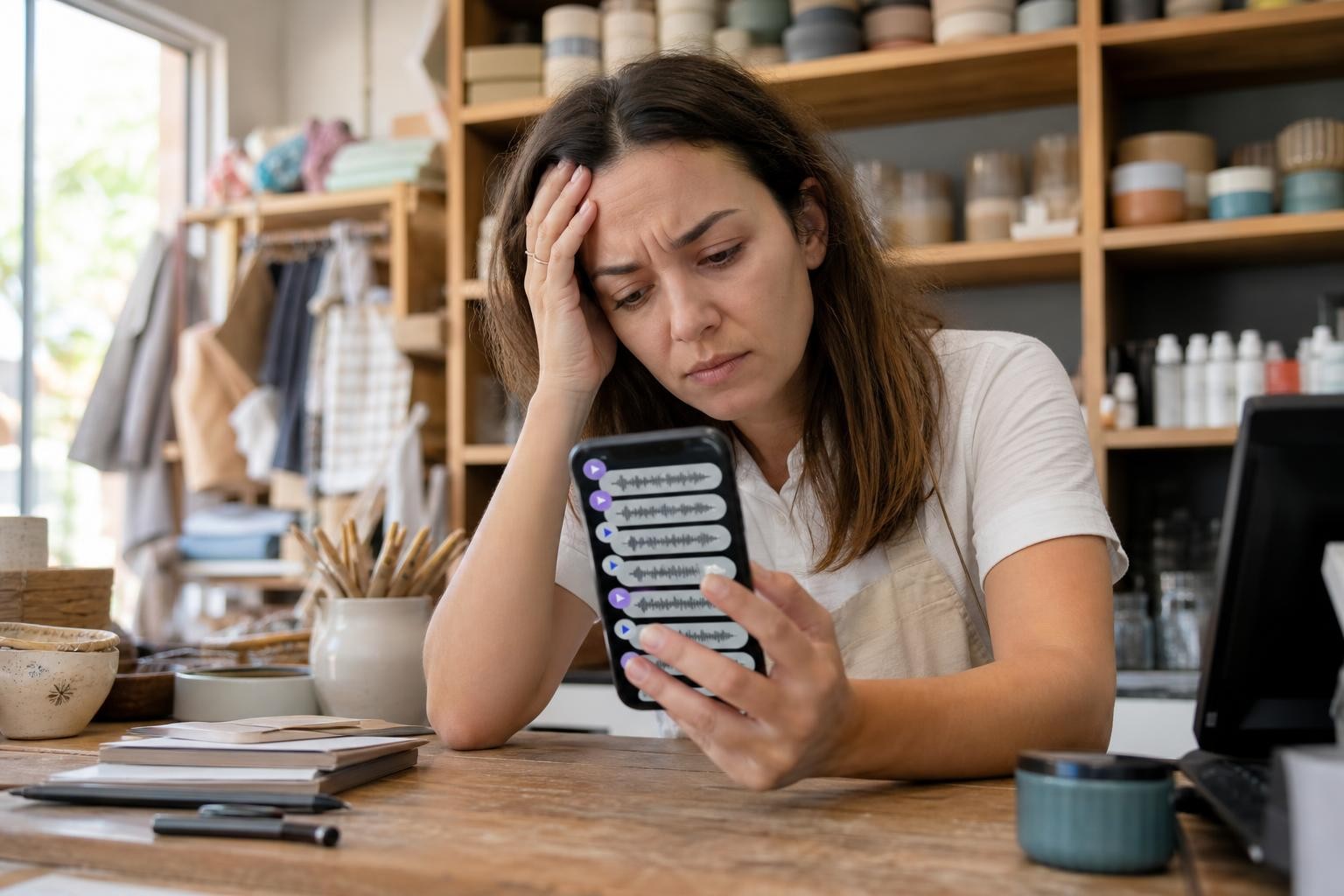Una empleada de un comercio mirando el celular desbordado de audios de WhatsApp apilados uno tras otro