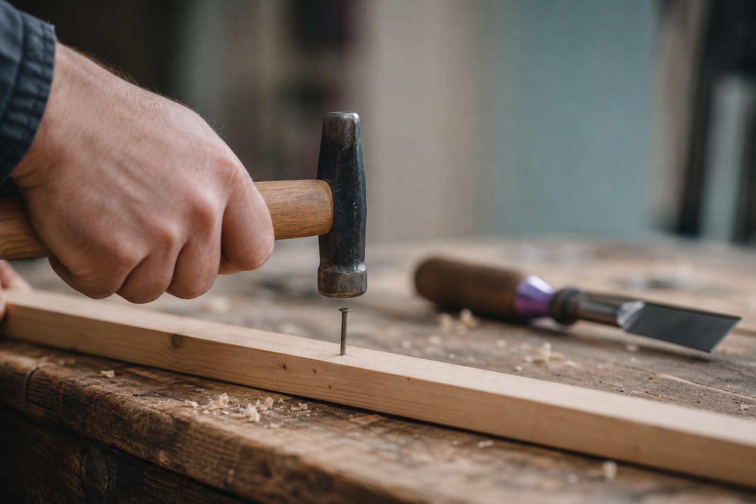 Primer plano de una mano clavando un clavo con el martillo viejo sobre una tabla simple, con el martillo más grande de fondo, sin usar