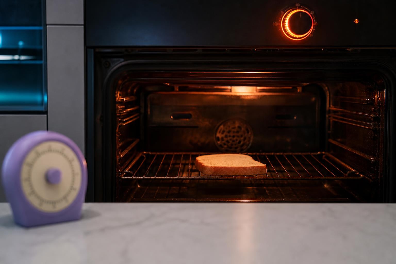 El dial de temperatura de un horno al máximo, al rojo, con una sola rebanada de pan sola adentro y un temporizador marcando mucho tiempo