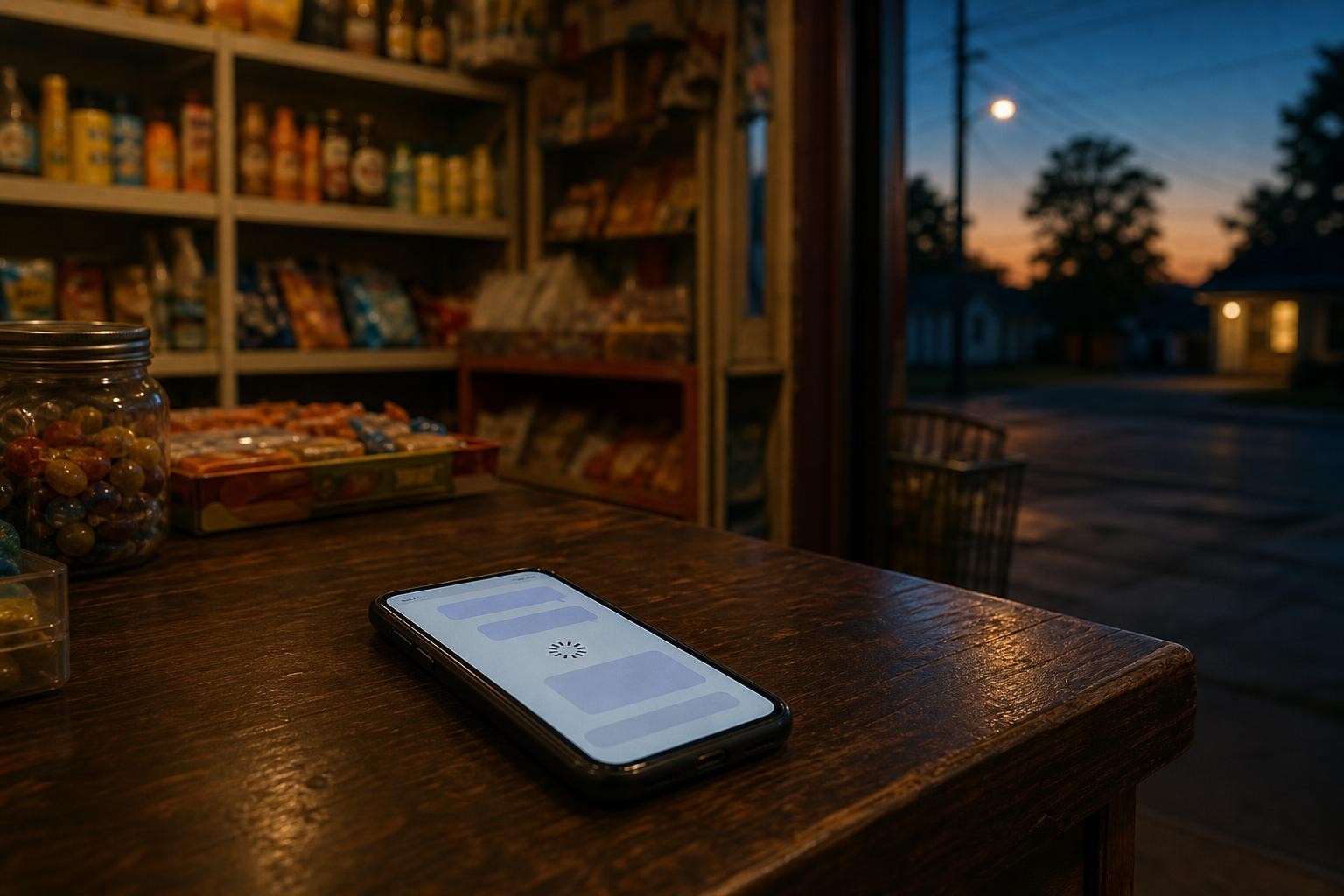 Un teléfono sobre el mostrador de un almacén de barrio, con la pantalla del chat trabada a mitad de un mensaje