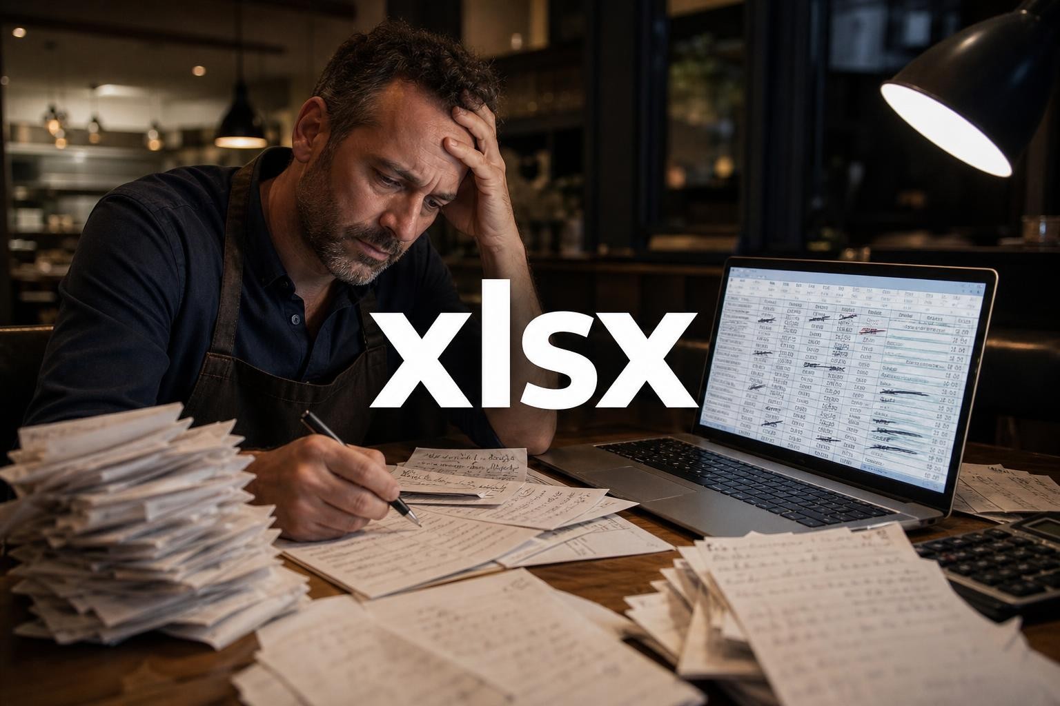 Un dueño de restaurante agobiado entre recibos de papel, con la laptop mostrando una planilla desordenada y el texto xlsx superpuesto