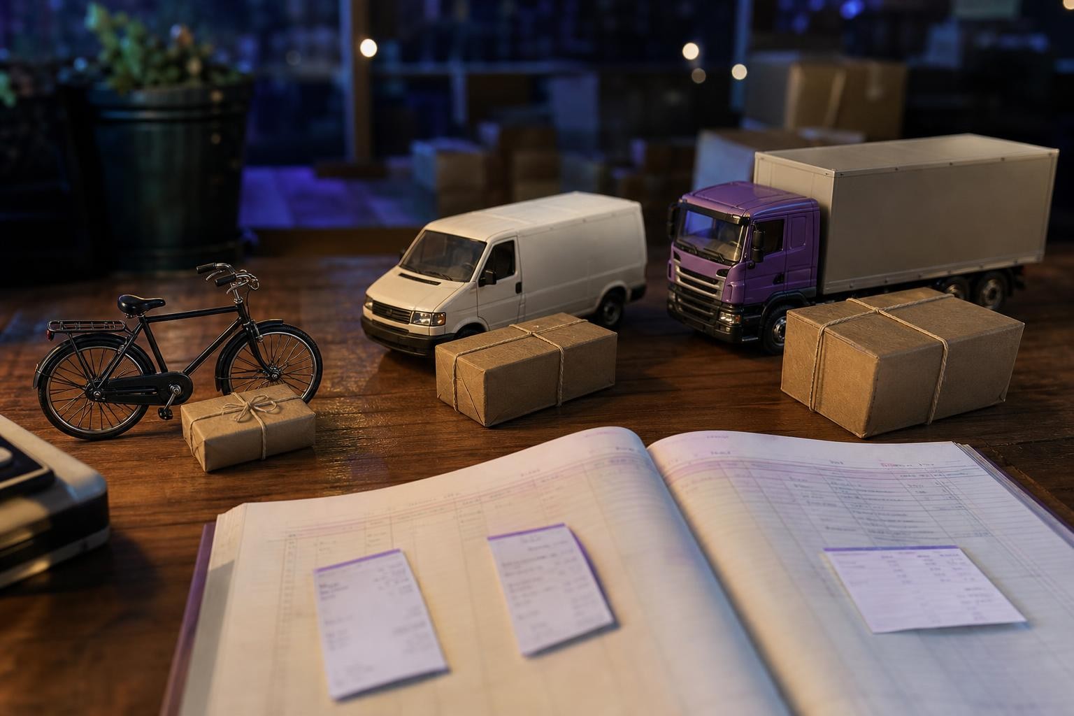 Escritorio de noche con miniaturas de una bicicleta, una camioneta y un camión, cada una junto a un paquete de su tamaño, sobre un libro contable