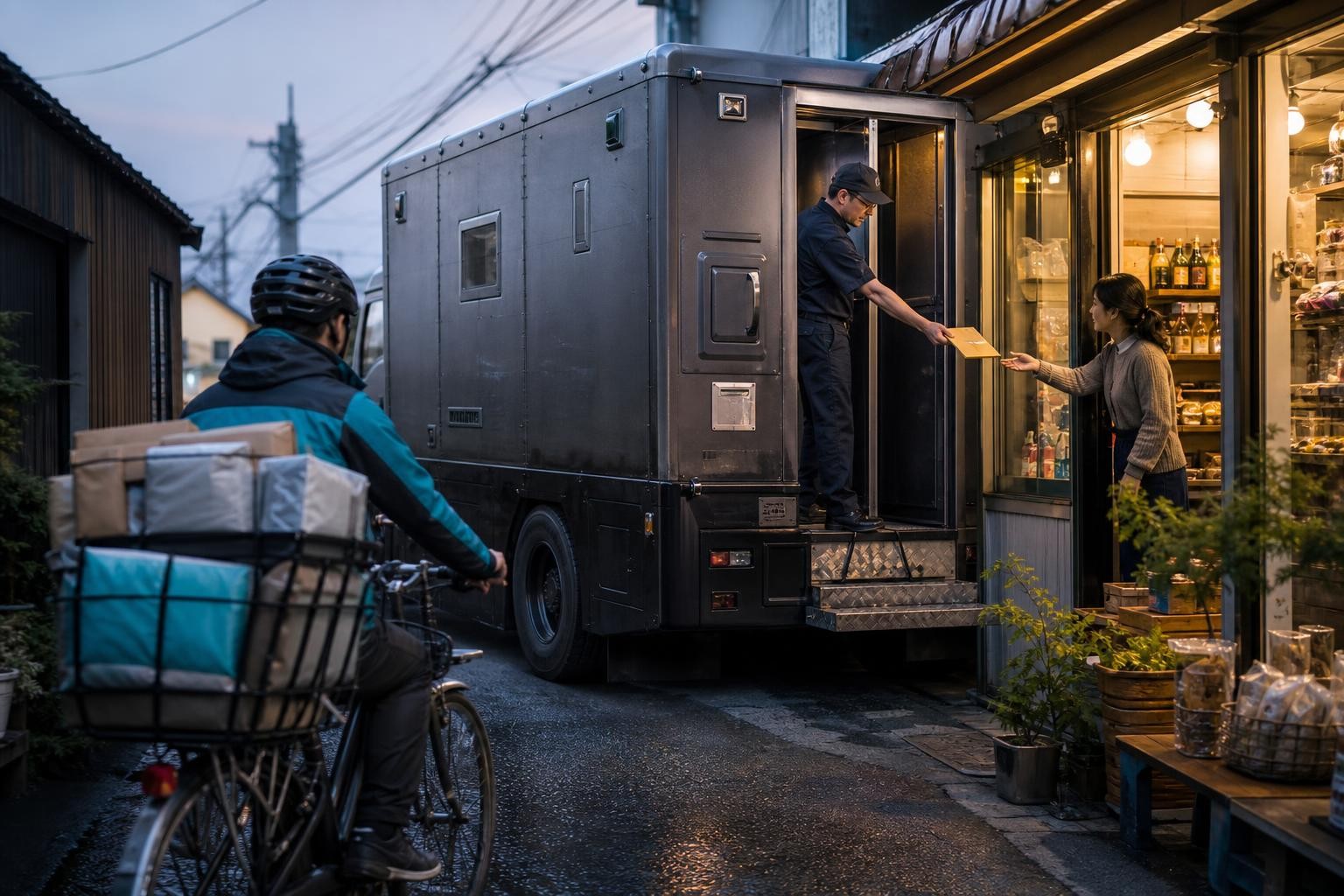 Un camión blindado enorme entrega un solo sobre en un comercio de barrio mientras un repartidor en bicicleta espera atrás con varios paquetes