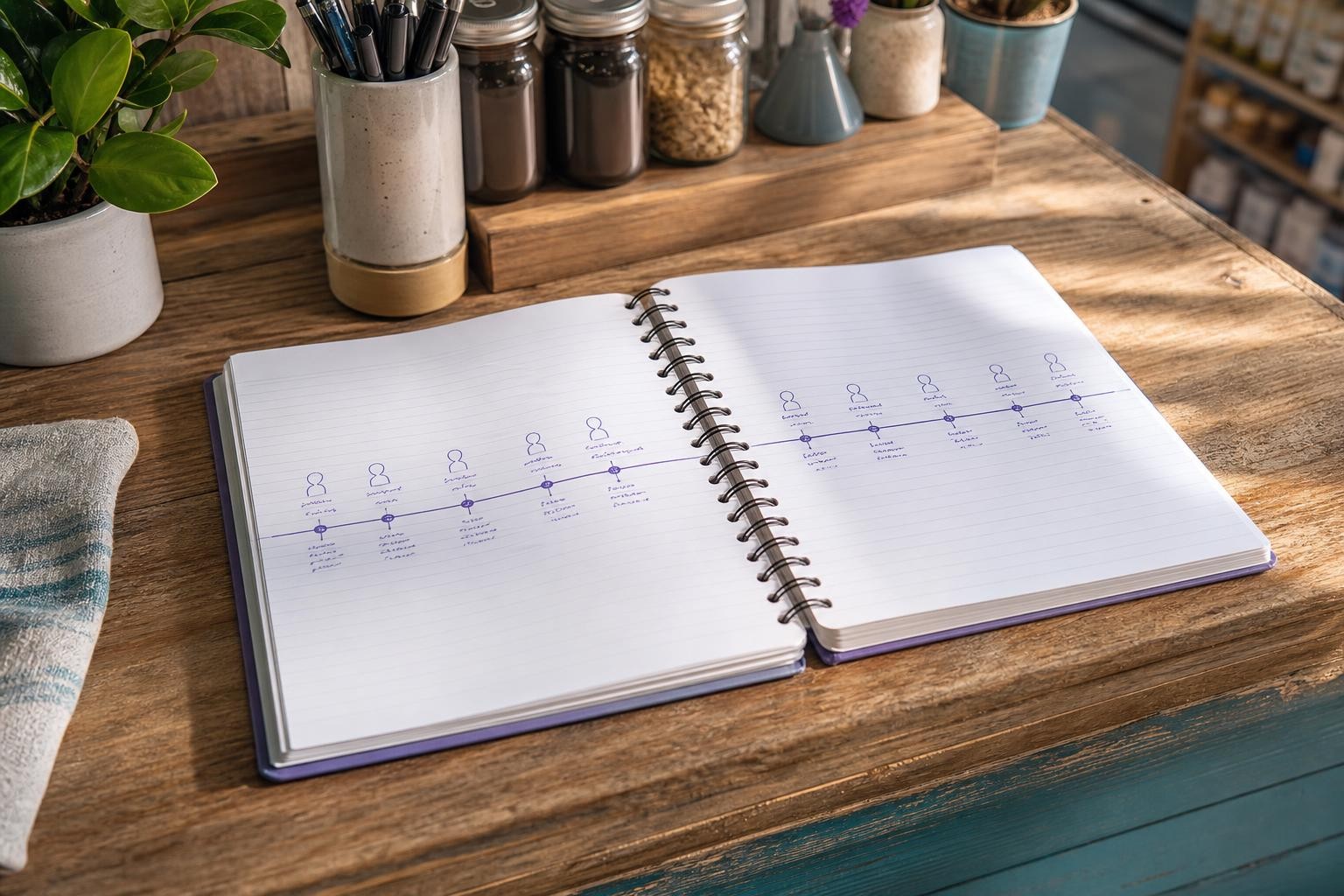 Un cuaderno espiralado abierto sobre un mostrador de madera, con una línea de tiempo dibujada a mano que conecta nombres de clientes de página en página