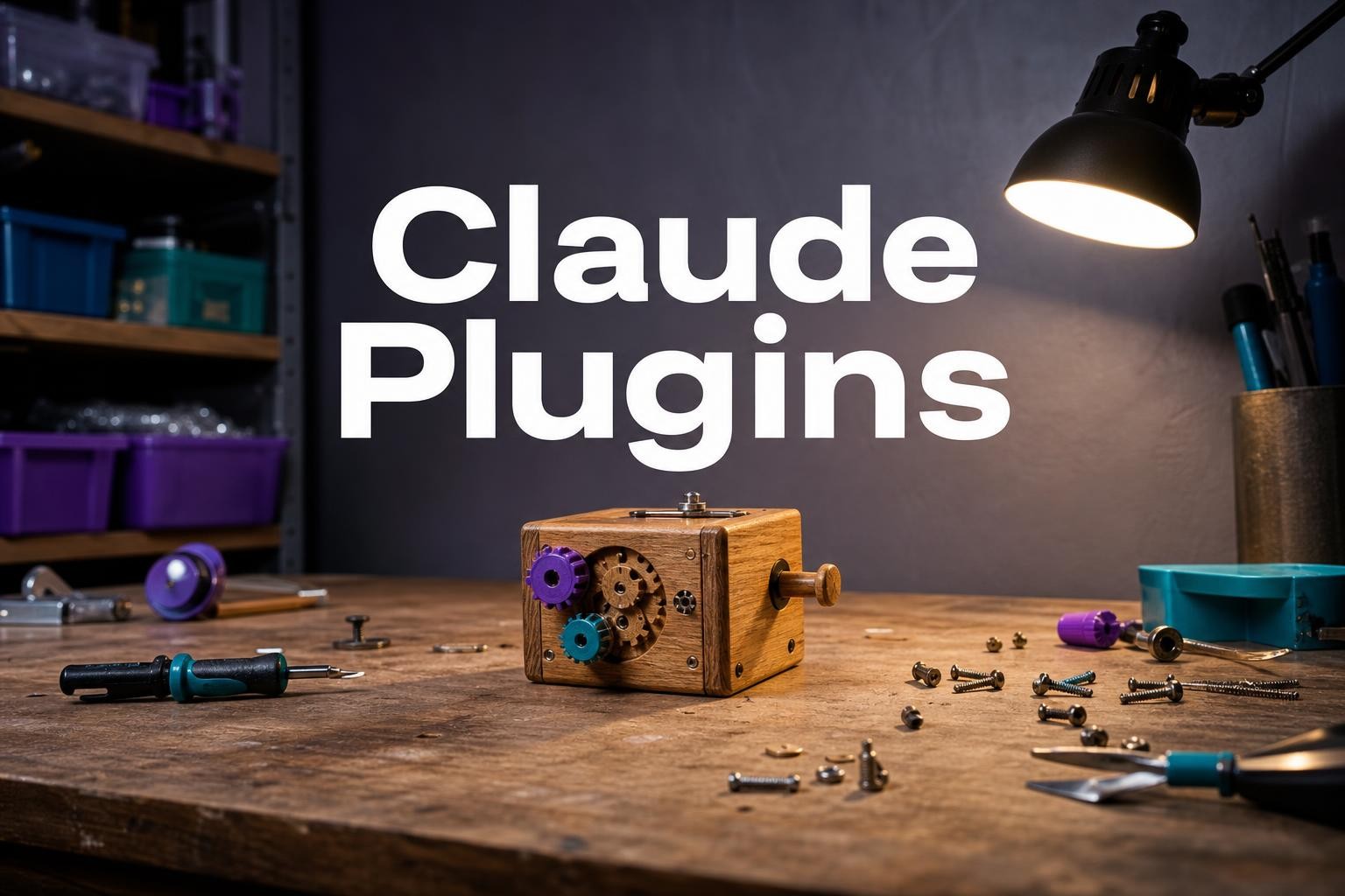 Un objeto de madera hecho a mano sobre un banco de trabajo, con el nombre Claude Plugins en la pared, rodeado de tornillos y herramientas sueltas