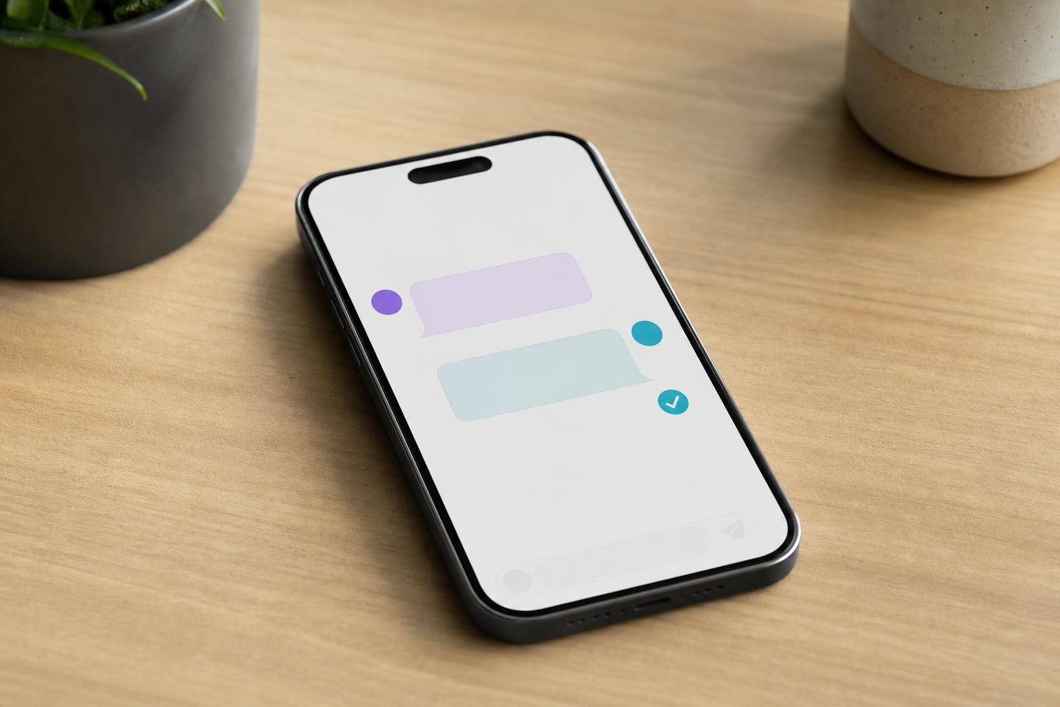 Un celular sobre un escritorio despejado con una conversación simple ya resuelta, mostrando que la configuración quedó lista