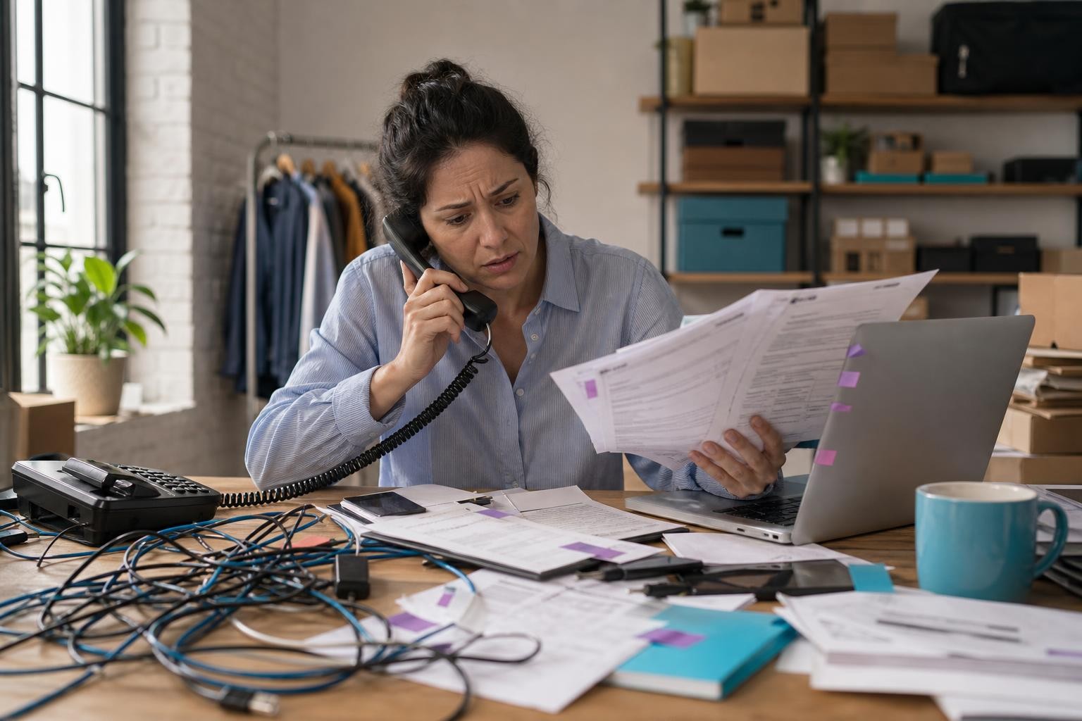 Una dueña de comercio agobiada entre papeles, cables y una laptop, atendiendo el teléfono para dar de alta un número de WhatsApp Business