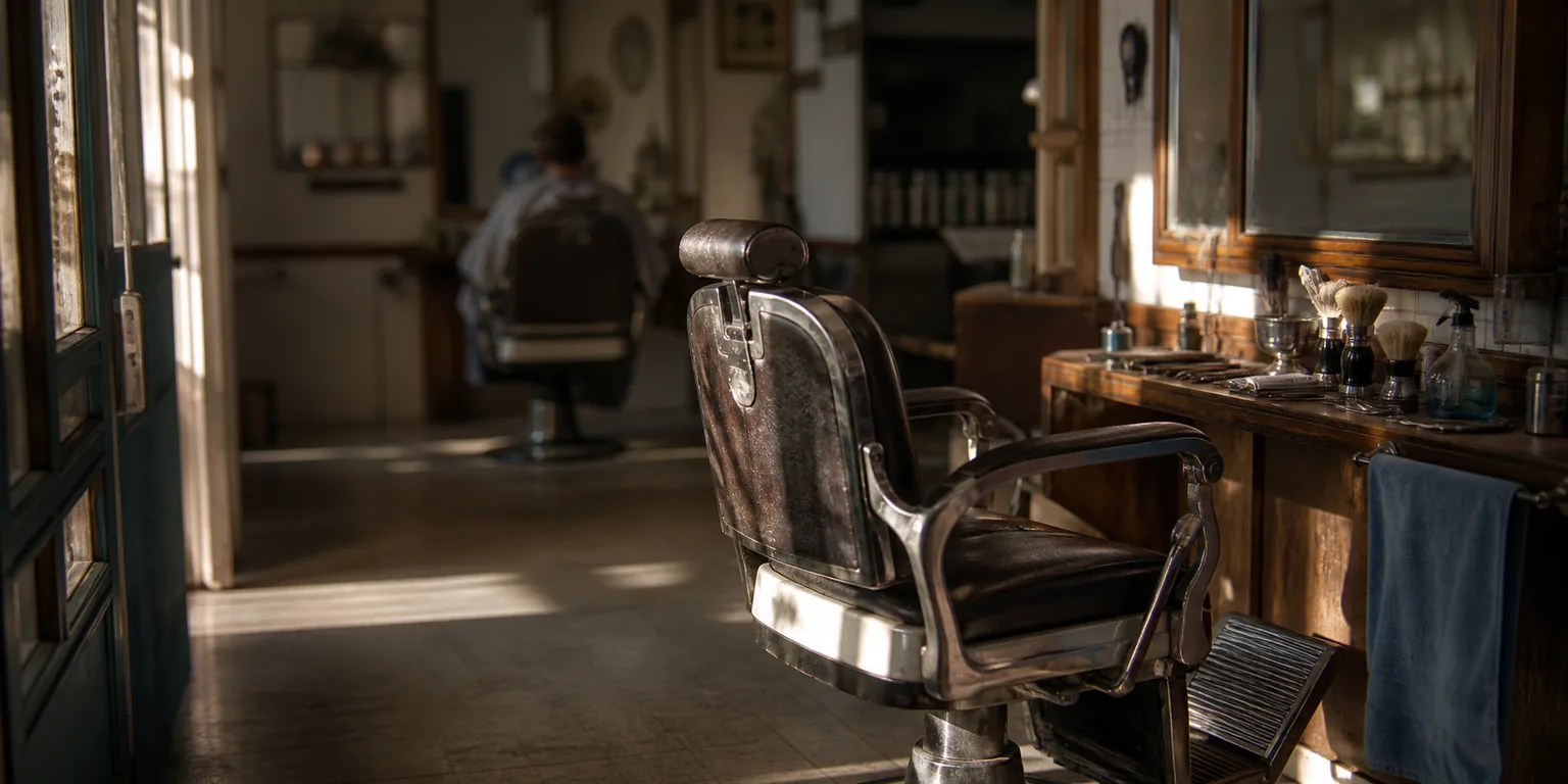 Sillón de barbería vacío frente al espejo