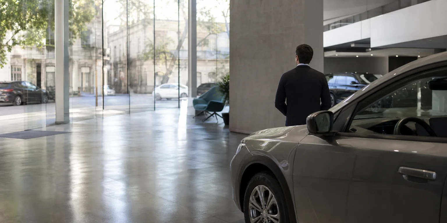 Salón de venta de autos con un vendedor a media distancia