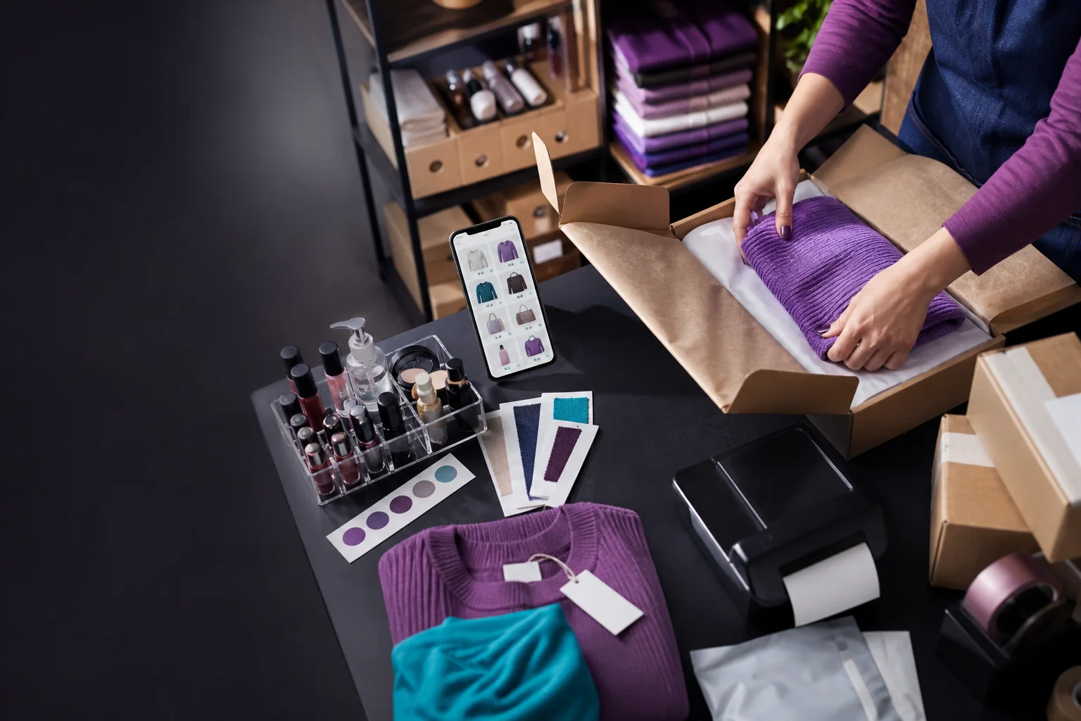 Mesa de tienda online con catálogo de variantes, productos, empaquetado y pedidos listos para despacho