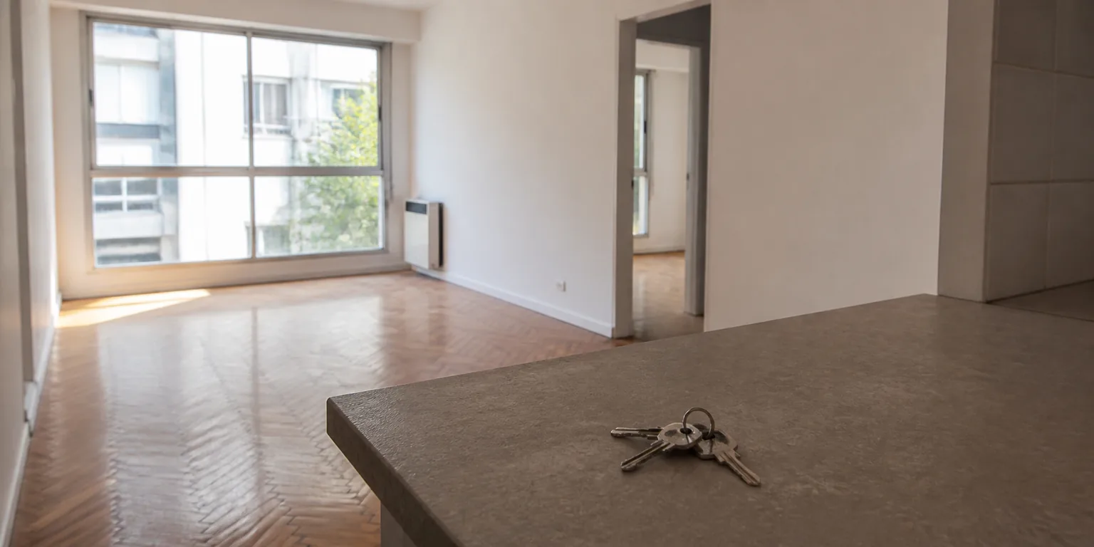 Living vacío y luminoso de un departamento en alquiler con un juego de llaves sobre la mesada