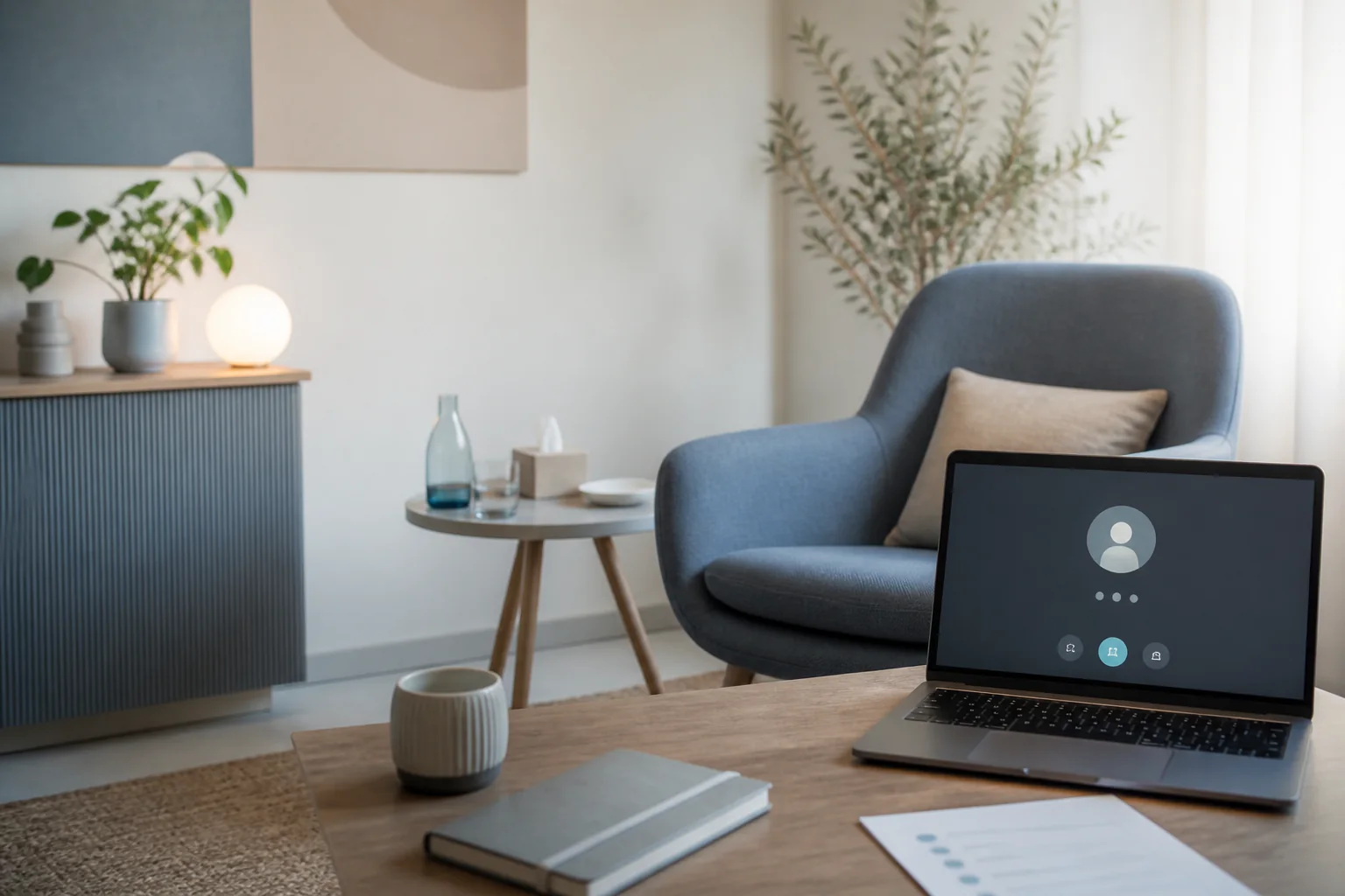 Consultorio profesional vacío y tranquilo, preparado para una consulta presencial u online sin datos personales visibles